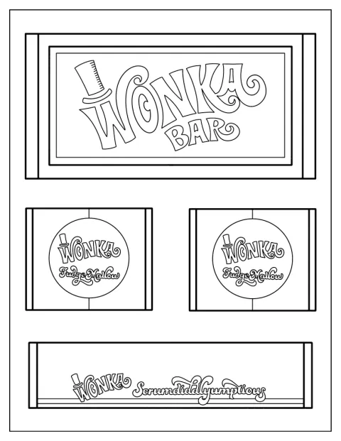 Flera chokladkakor från Wonka visas enkelt avbildade.