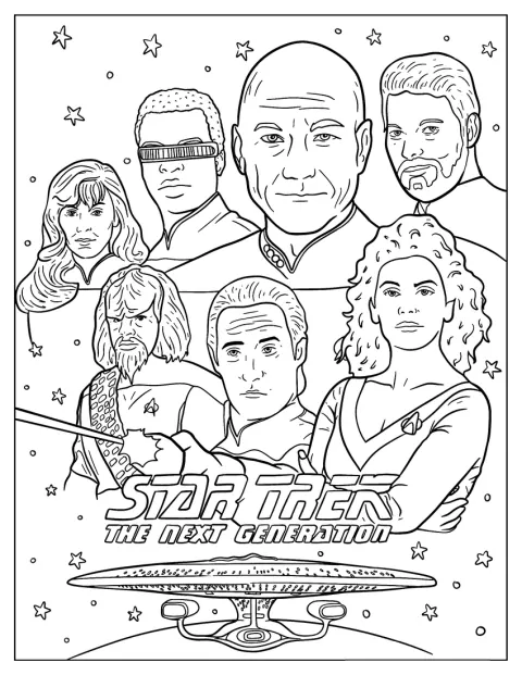 Jean-Luc Picard, William Riker, Data, Geordi La Forge, Worf, Beverly Crusher a Deanna Troi pózují společně.
