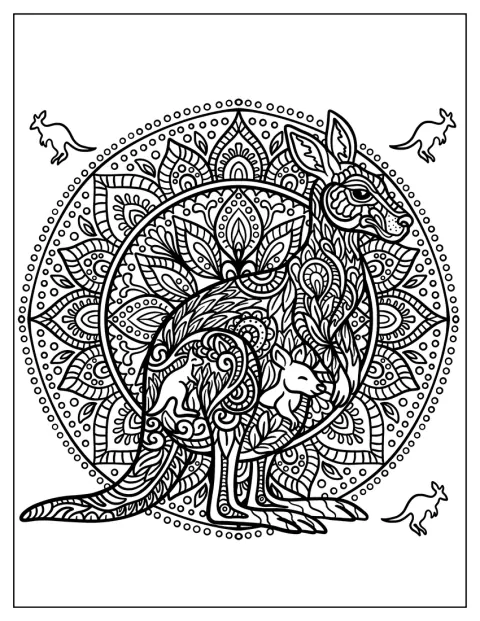 Un petit kangourou apparaît dans la poche de sa mère au centre d’un mandala détaillé.
