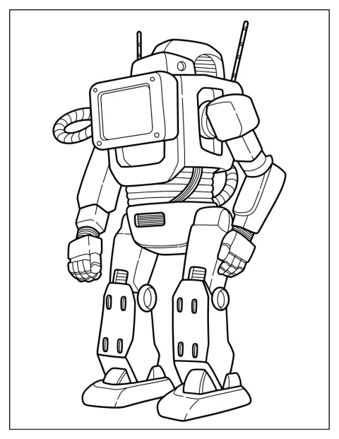 En detaljert kamprobot står med rustning og mekaniske deler.
