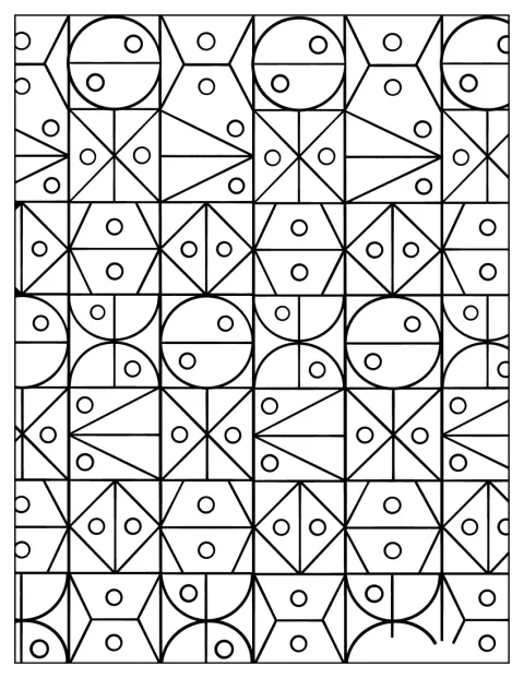 Körök és háromszögek ismétlődnek geometrikus mintában az egész lapon.