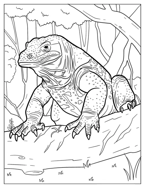 Ein Komodowaran steigt über einen dicken Ast.