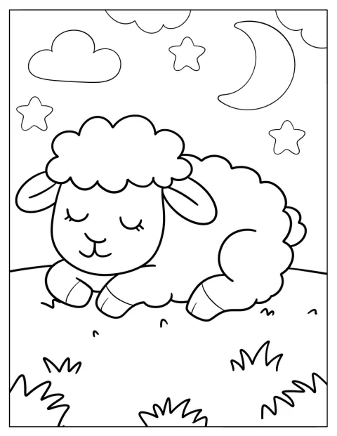 Un doux mouton de dessin animé s’assoupit dans un pré tranquille.