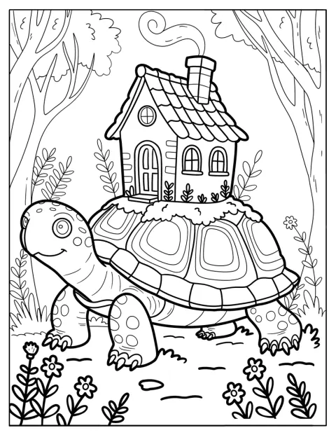 En glad skildpadde bærer et lille hus på ryggen.