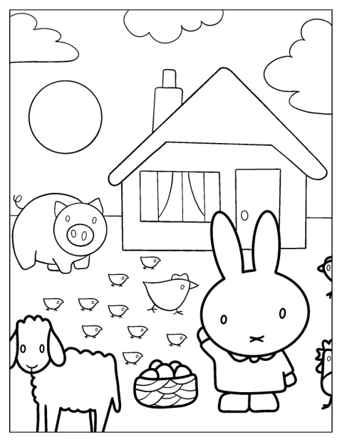 In fattoria, Miffy incontra un maialino e un agnellino.