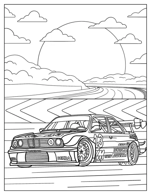 BMW 3シリーズ E30が夕暮れのサーキットを走っています。