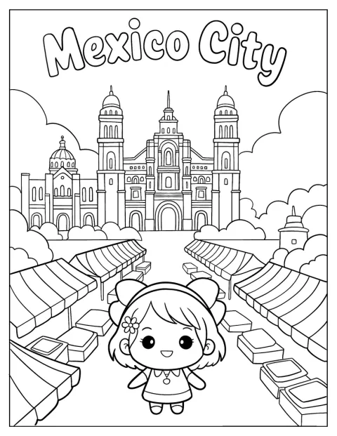 Une fillette au style chibi se promène entre les étals d’un marché de Mexico.