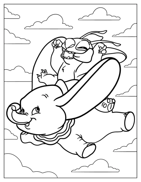 Dumbo flyger genom luften medan Stitch sitter på hans rygg.