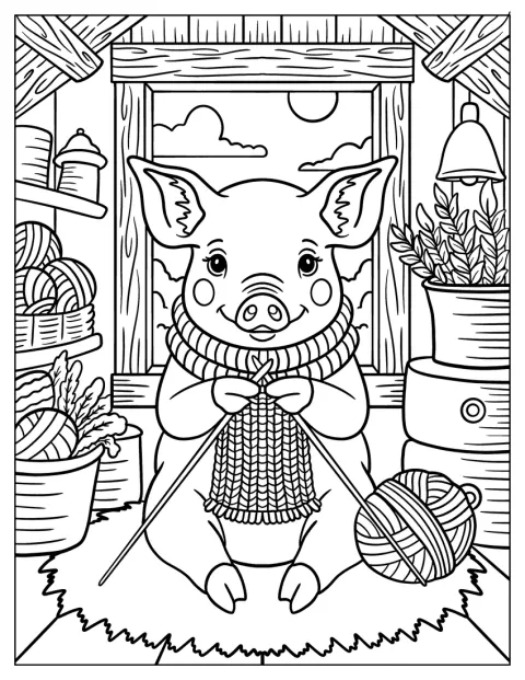 Aconchegado em casa, um porco tricota um cachecol.