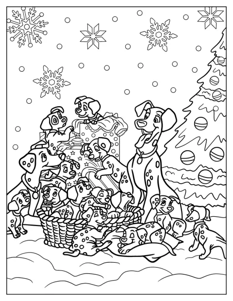 Dalmatinerne står foran et pyntet juletræ.