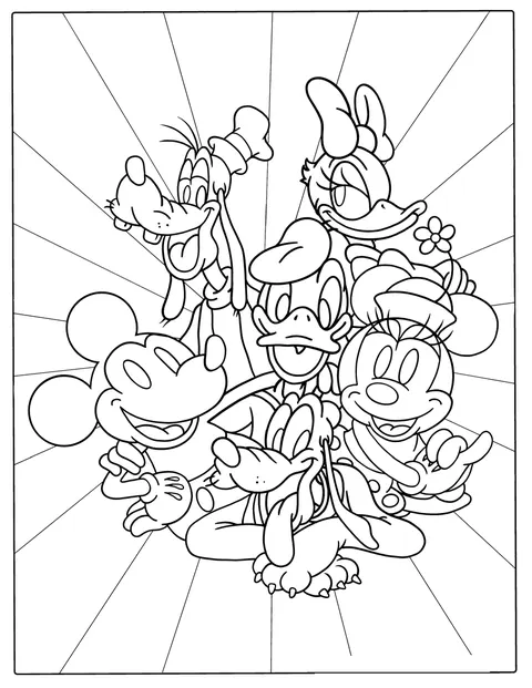 Mickey, Donald, Daffy, Minnie, Pluto și Goofy apar împreună.
