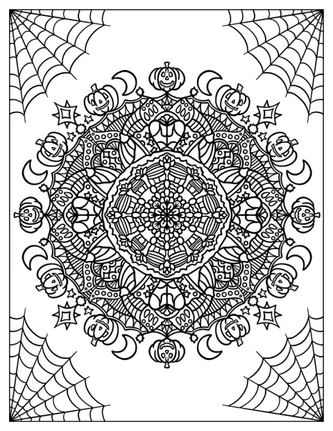 En detaljerad månskära omger en lyktpumpa i ett halloweenmandala.