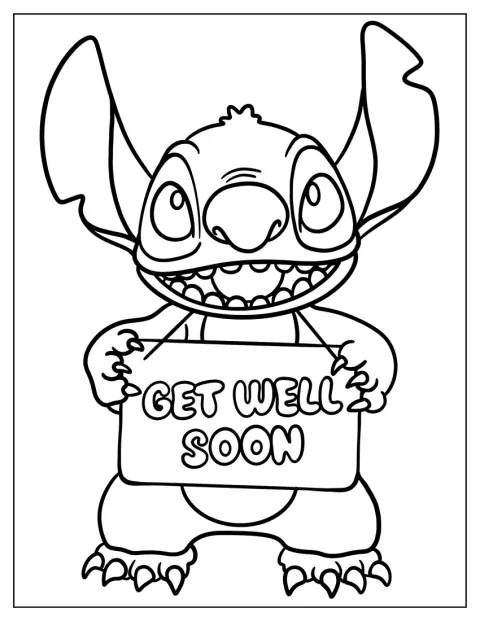 Der grinsende Stitch hält ein Schild mit Genesungswünschen.