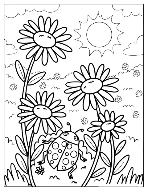 Una mariquita explora un jardín de margaritas bajo el sol.