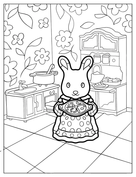 Mama Chocolate Rabbit holder en pai på kjøkkenet.