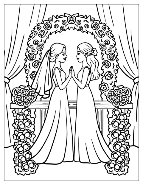 Deux mariées se tiennent la main sous une arche de mariage couverte de fleurs.