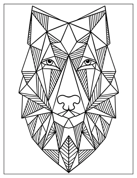 Psí hlava je složená z hranatých geometrických ploch.