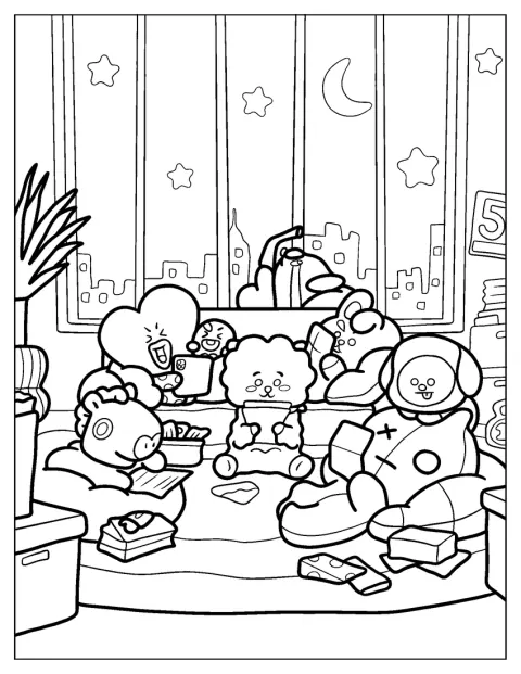 In de woonkamer lezen de BT21-vrienden gezellig samen.