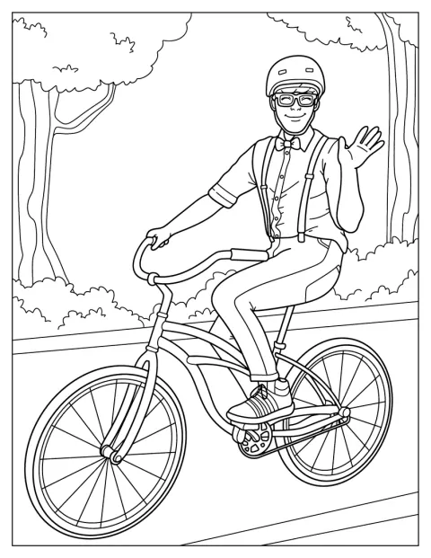 Blippi rijdt op zijn fiets over de weg.