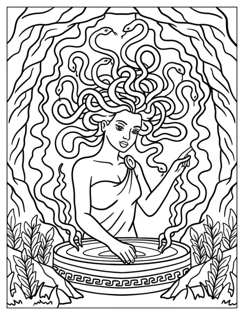 Medusa med slangehår stirrer ned i et magisk basseng.
