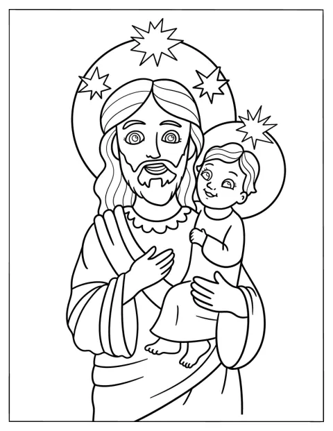 光輪をつけたイエスが、小さな男の子を抱いています。