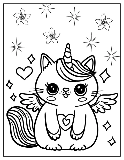 Un chat licorne dodu déploie ses ailes devant un ciel étoilé.