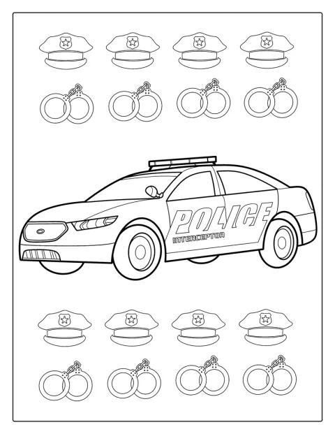 Um par de algemas acompanha um carro da polícia.