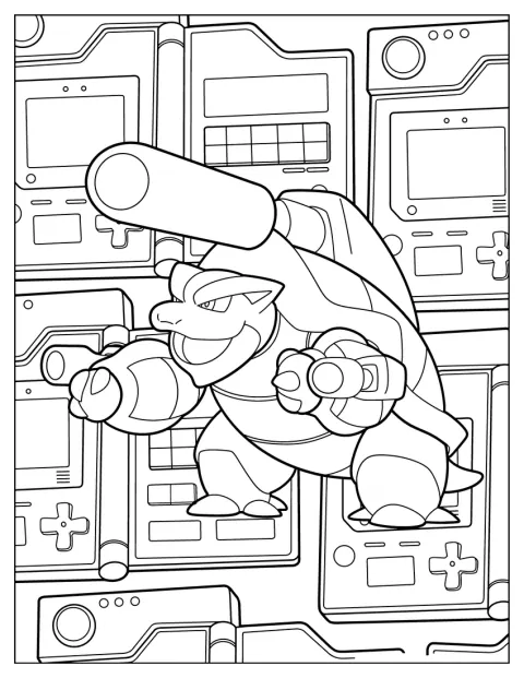 Mega Blastoise stoi przed konsolami Game Boy.