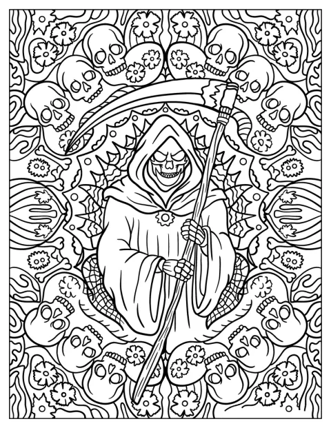 Uma mandala complexa combina a figura do Ceifador com muitas caveiras.