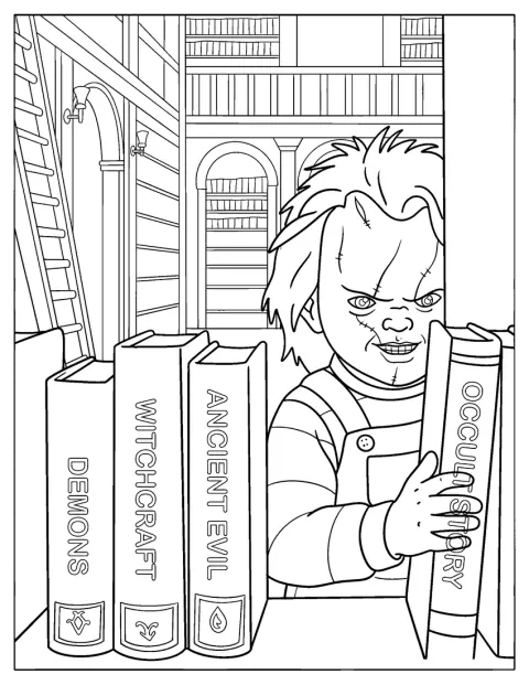 Zwischen den Bücherregalen treibt sich der gruselige Chucky herum.