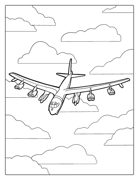 Ett B-52-plan flyger högt bland molnen.