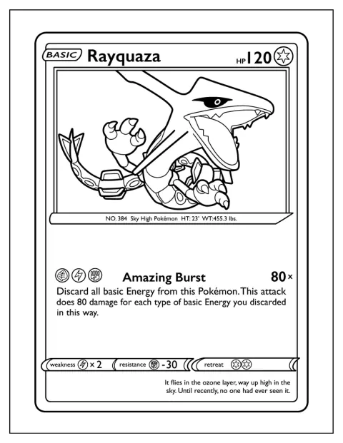 Una carta Pokémon raffigura Rayquaza mentre sprigiona un’esplosione di energia.