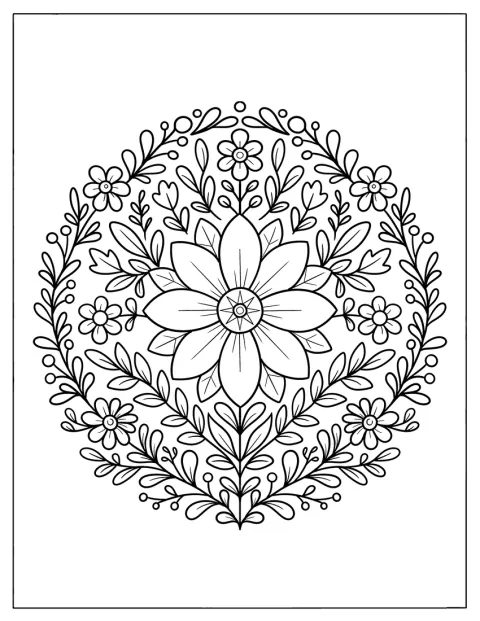 Uma mandala simples combina pétalas e folhas num padrão circular.