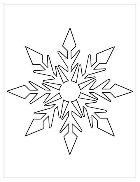 En snöflinga har spetsiga grenar och ett symmetriskt mönster.