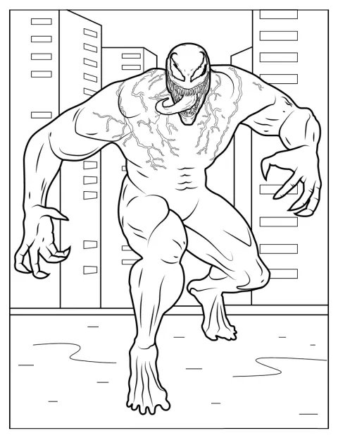 Personajul Marvel Venom este prezentat într-o postură impunătoare.