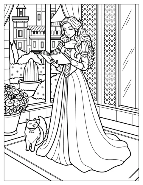 Una princesa lee un libro junto a su gato en el castillo.