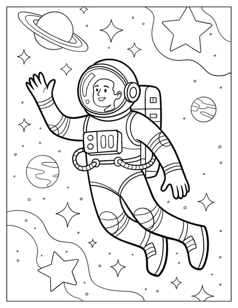 Um astronauta flutua no espaço, rodeado de planetas.