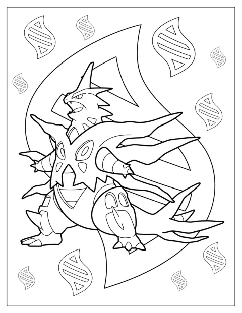 Mega Tyranitar ryczy z szeroko otwartą paszczą.