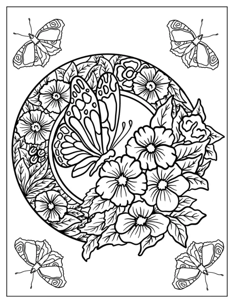 Dentro de un mandala floral, una mariposa se posa entre bonitas flores.