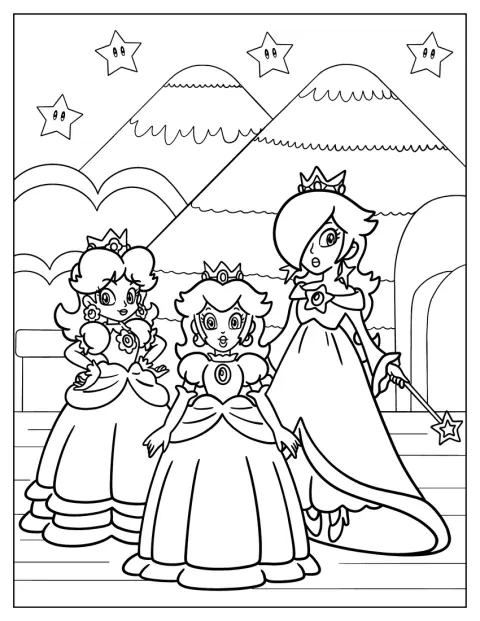 As princesas Rosalina, Peach e Daisy aparecem juntas.