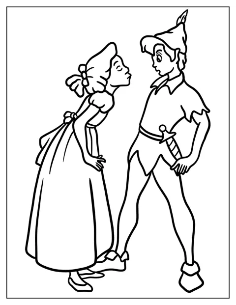 Wendy buigt naar Peter Pan toe, die blozend op haar kus reageert.