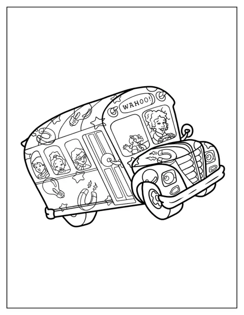 Juf Frizzle, Liz, Carlos, Keesha en Janet zitten samen in de Magische Schoolbus.