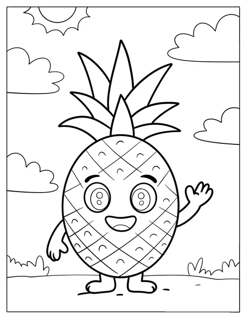 笑顔のパイナップルのキャラクターが、太陽の下で手を振っています。