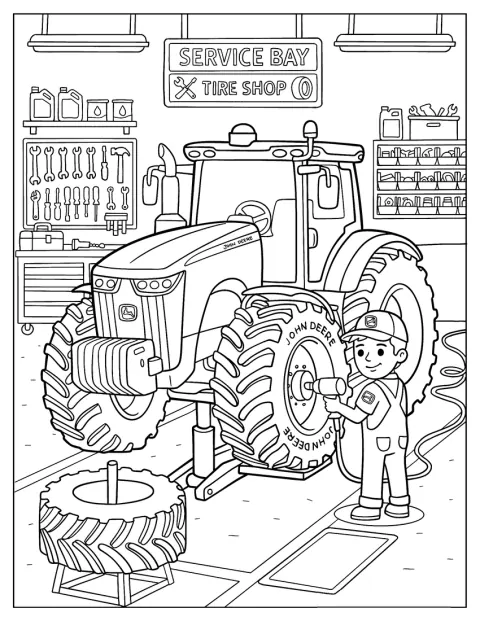 Un utilaj John Deere se află într-un spațiu de service al fermei.