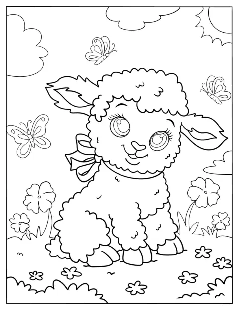 Au cœur d’un jardin printanier, un mouton avec un nœud est assis.
