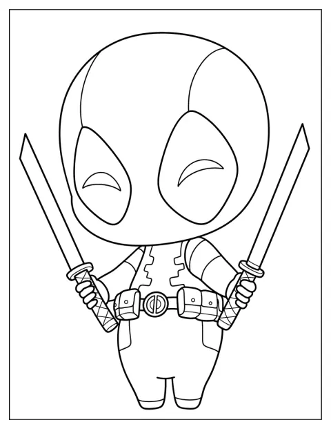 En söt chibi-version av Deadpool står i centrum med sitt välkända röda och svarta utseende.