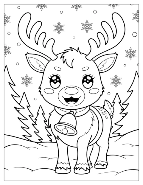 Un ren cu clopoțel stă într-o pădure acoperită de zăpadă.