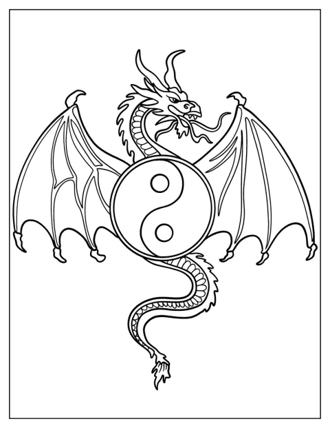 Um dragão surge junto ao símbolo Yin e Yang.