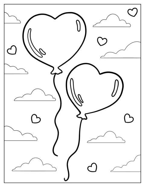 Balões de coração flutuam pelo céu.