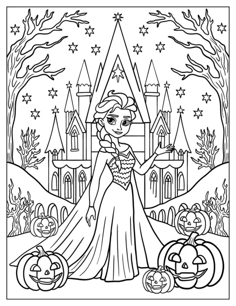 Elsa stojí před svým zámkem, který zdobí halloweenské dýně.